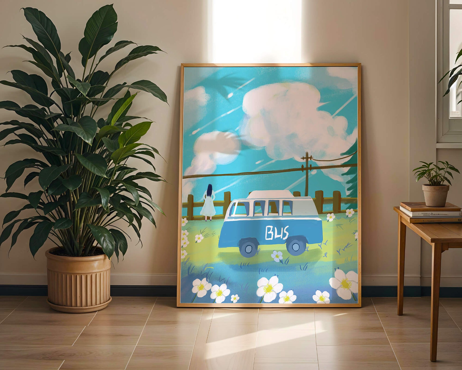 Ilustración escénica con autobús azul y prado en flor