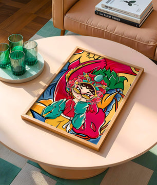 Vibrant illustration featuring a character in traditional costume with dragon elements