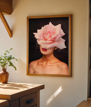 Woman with a Rose Head and Red Lips on a Dark Background - Mi tienda