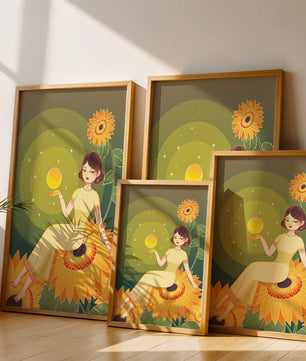 Elegant woman sitting on sunflowers in a celestial scene