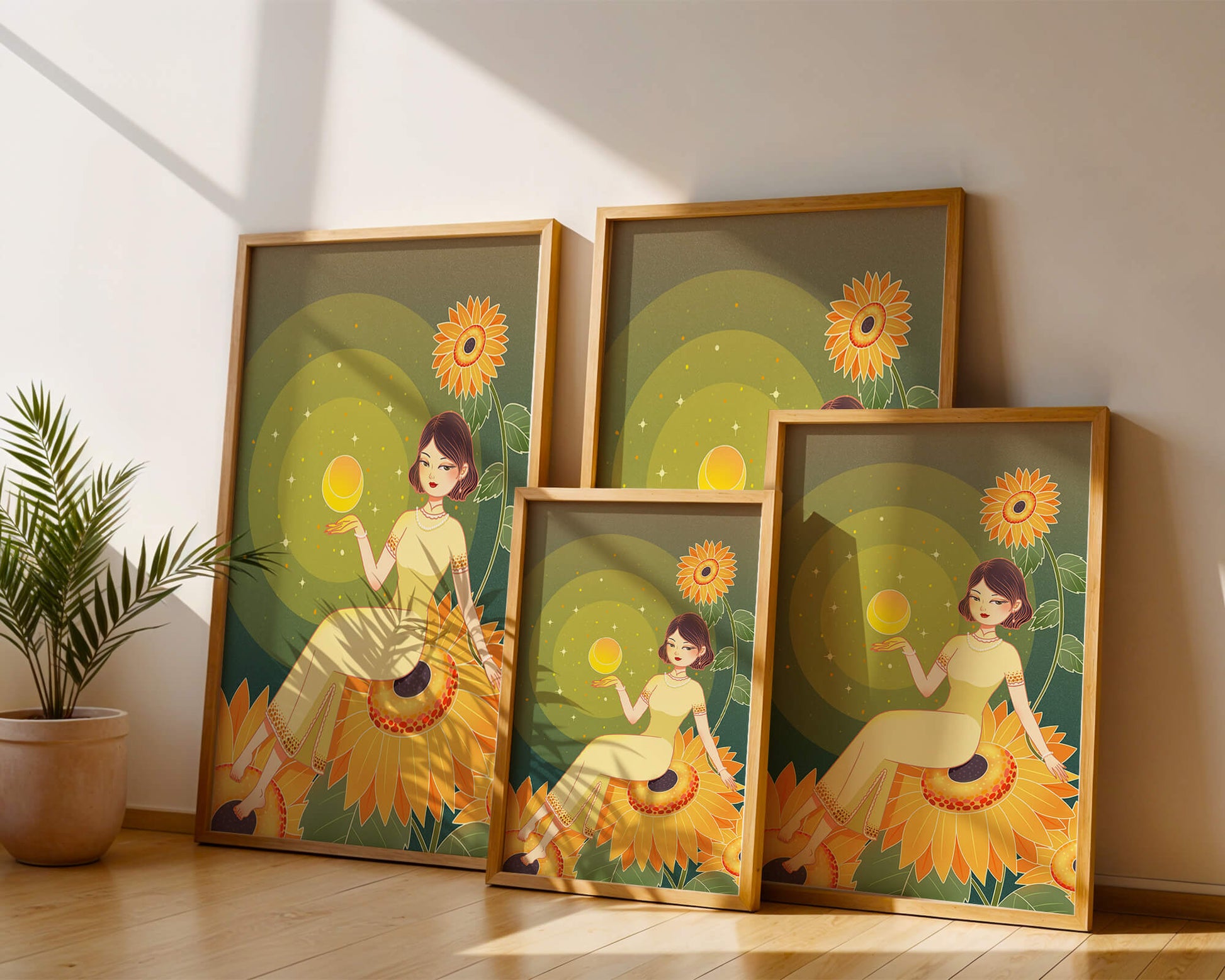 Elegant woman sitting on sunflowers in a celestial scene