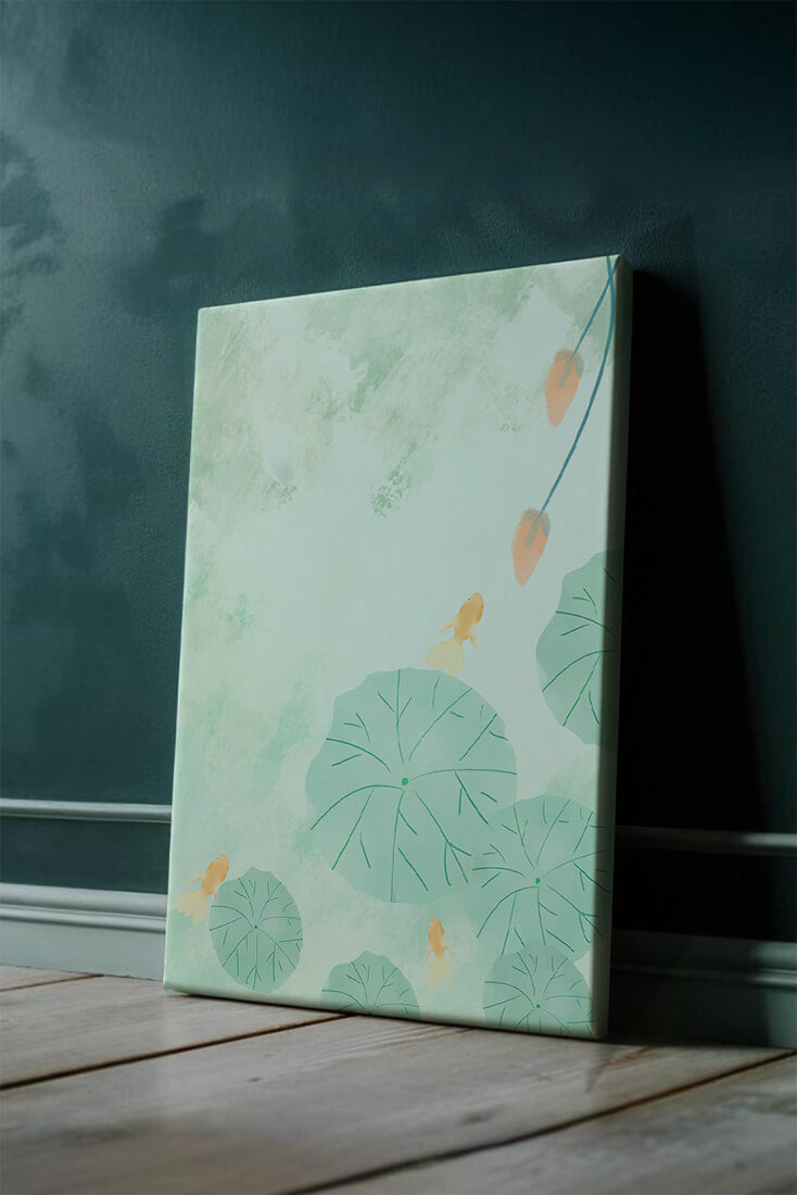 Serene Pond Scene with Goldfish and Lotus Leaves