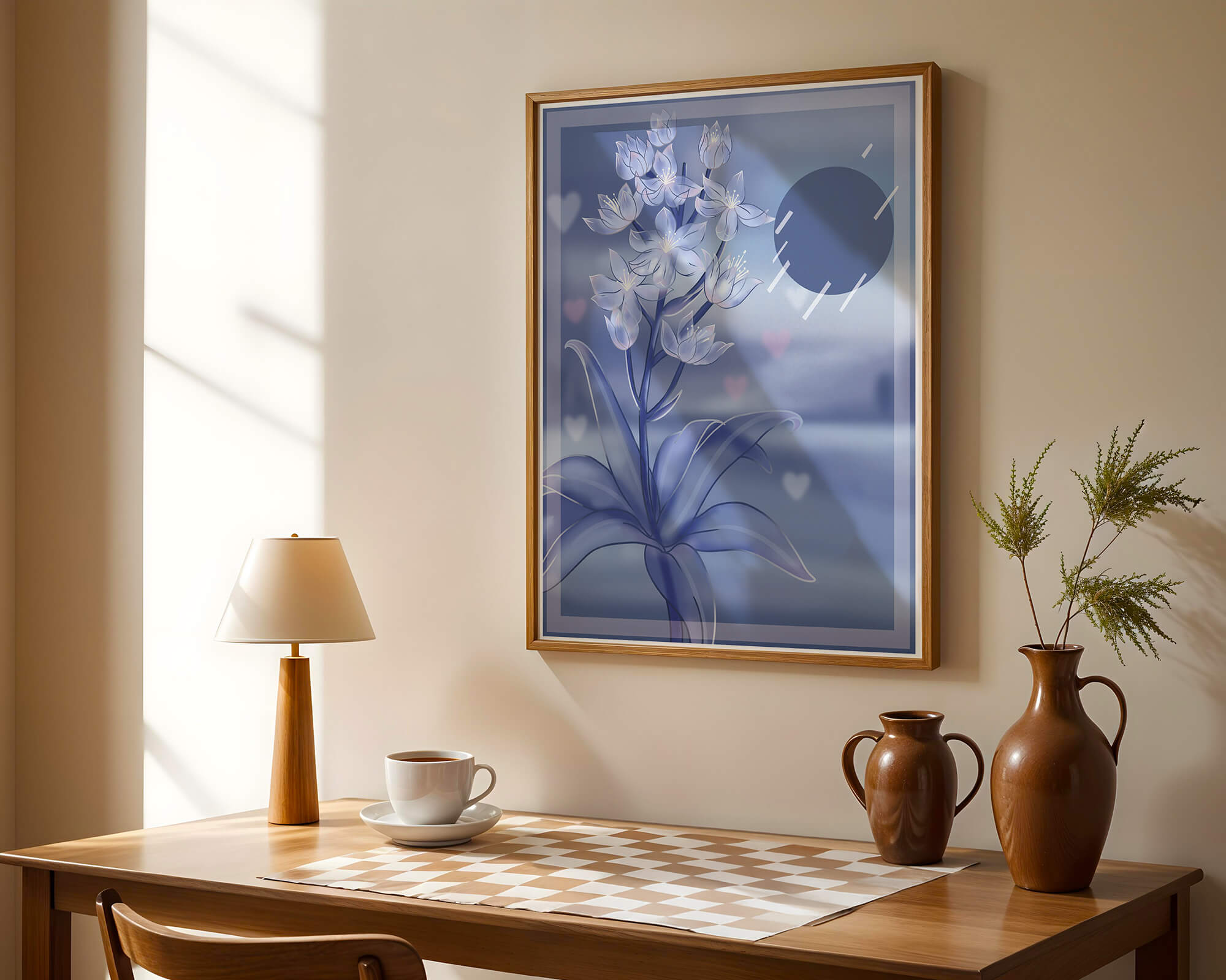 Delicate blue floral illustration with stylish geometric elements