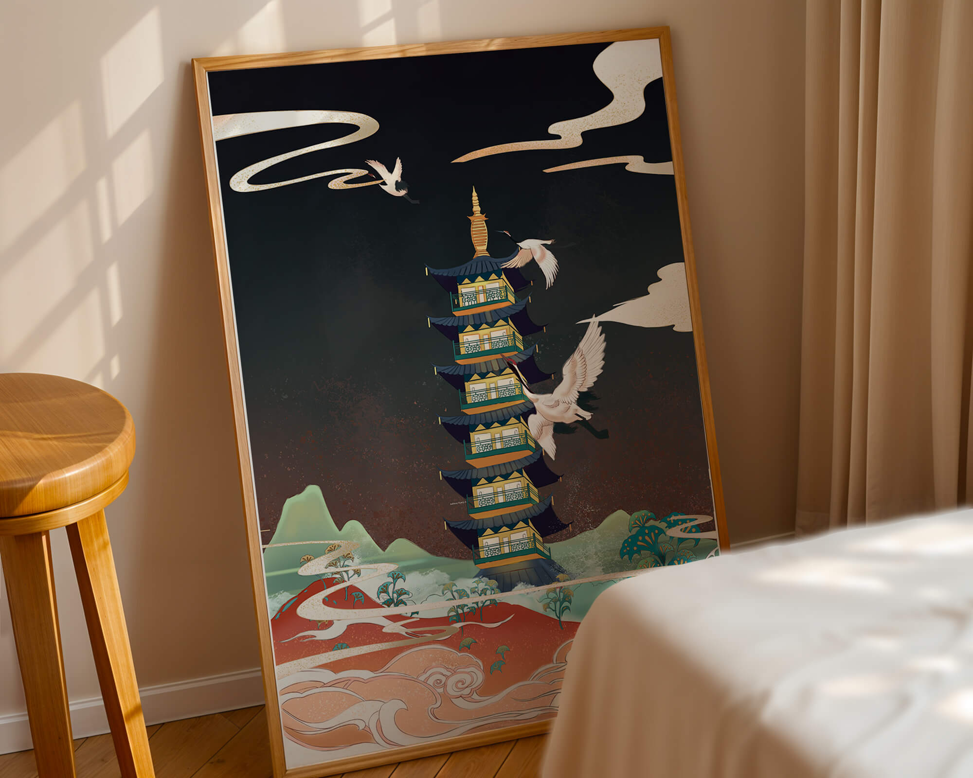 Illustrated scene of traditional pagoda with cranes in colorful landscape