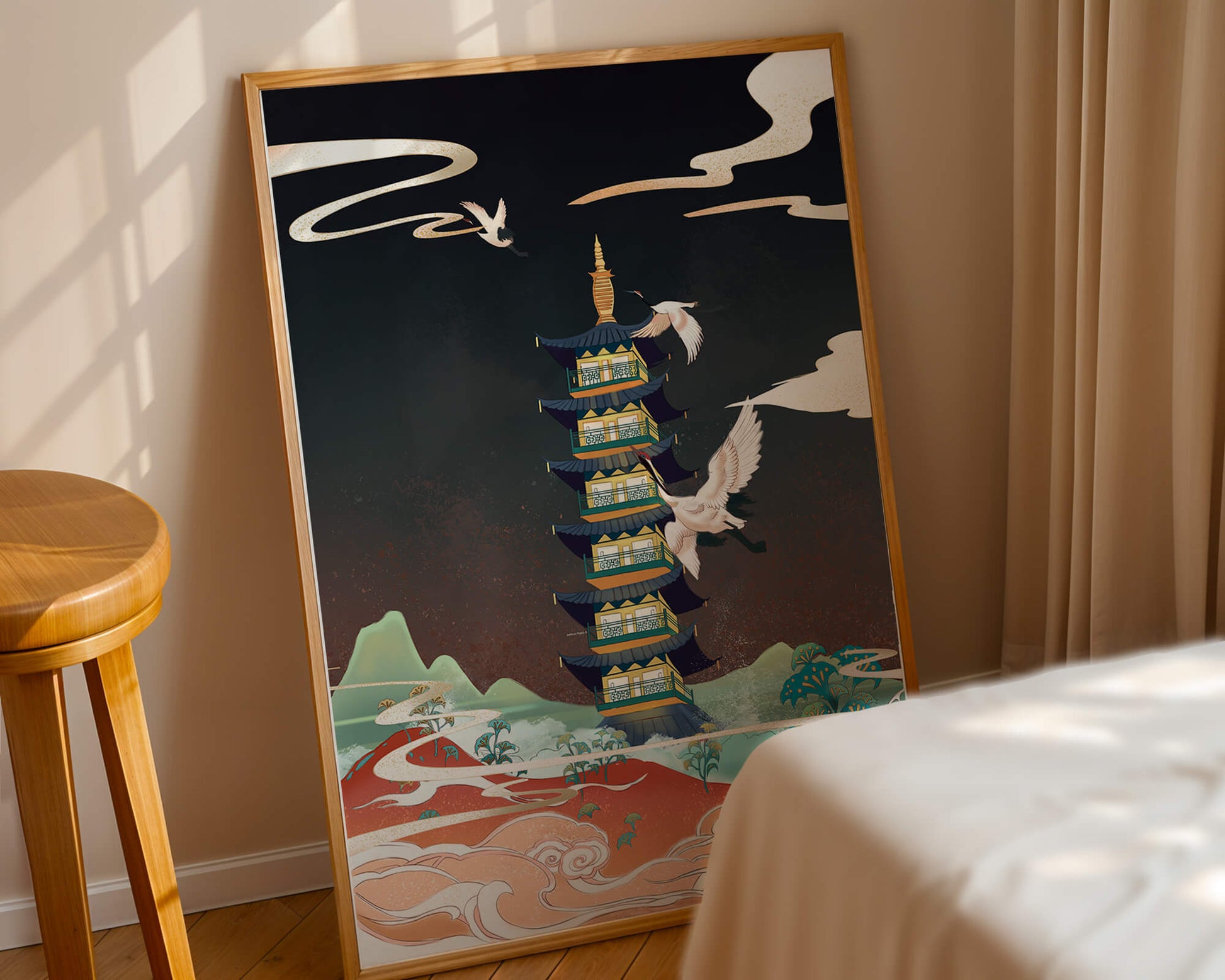 Illustrated scene of traditional pagoda with cranes in colorful landscape