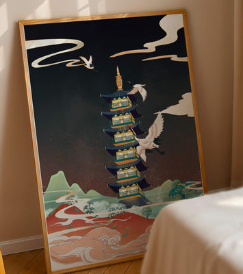 Illustrated scene of traditional pagoda with cranes in colorful landscape