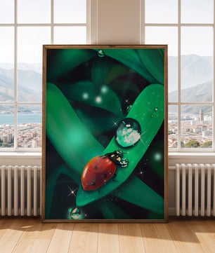 Ladybug on a Leaf with Dew Drops in a Vibrant Nature Scene - Mi tienda