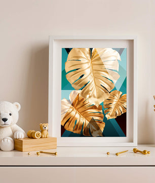 Blätter der Goldenen Monstera auf geometrischem Hintergrund