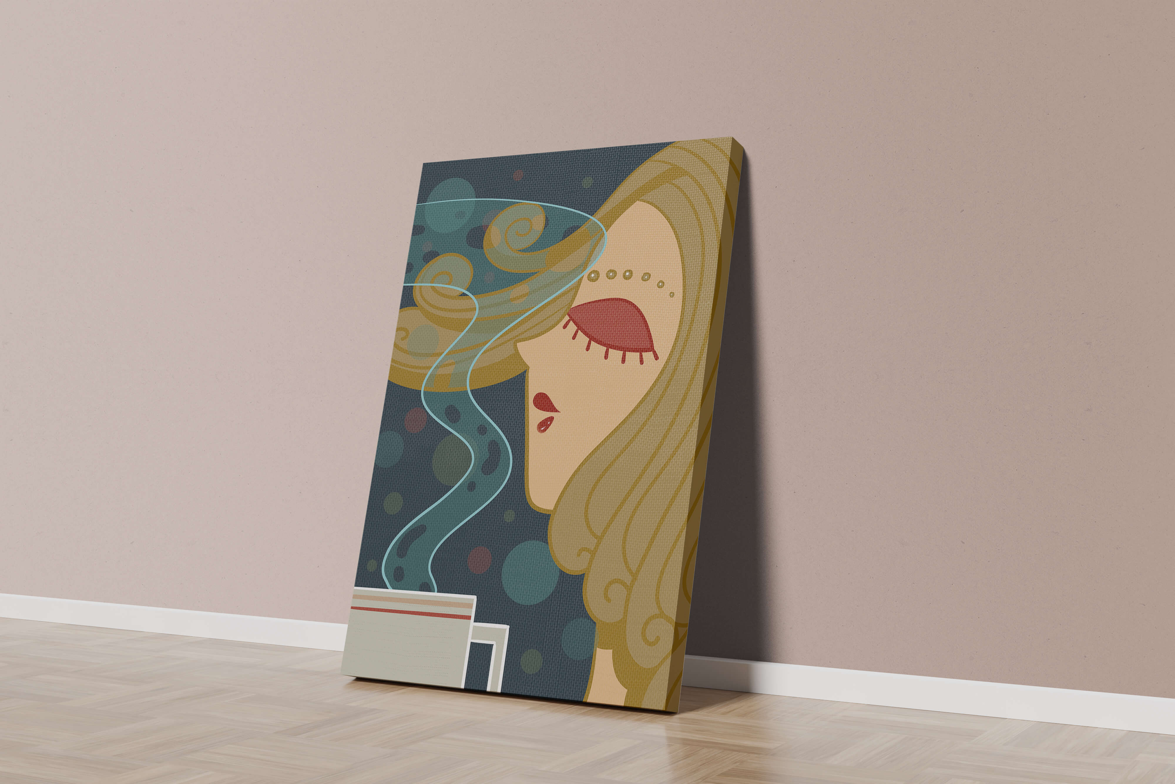 Stylized portrait of a woman with flowing hair and steaming coffee