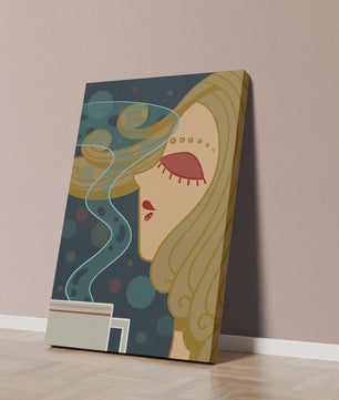 Stylized portrait of a woman with flowing hair and steaming coffee