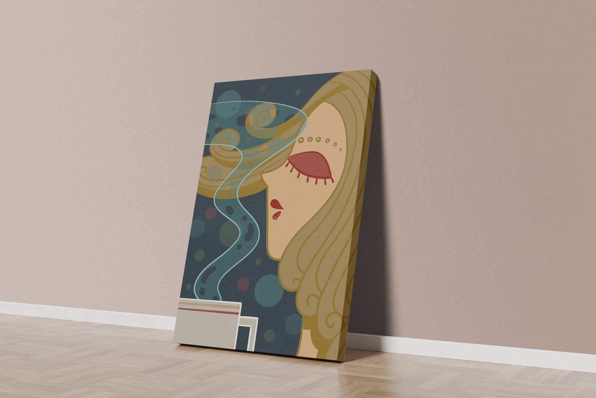 Stylized portrait of a woman with flowing hair and steaming coffee