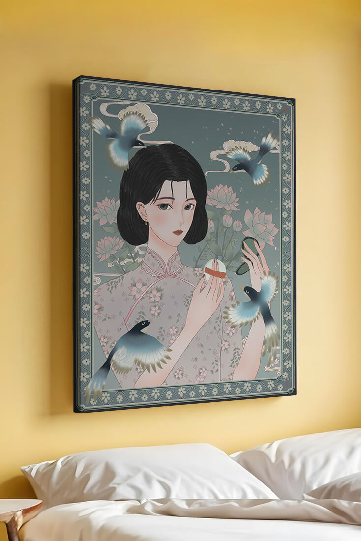 Elegant woman in floral kimono surrounded by birds and lotus flowers