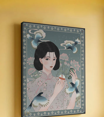 Elegant woman in floral kimono surrounded by birds and lotus flowers