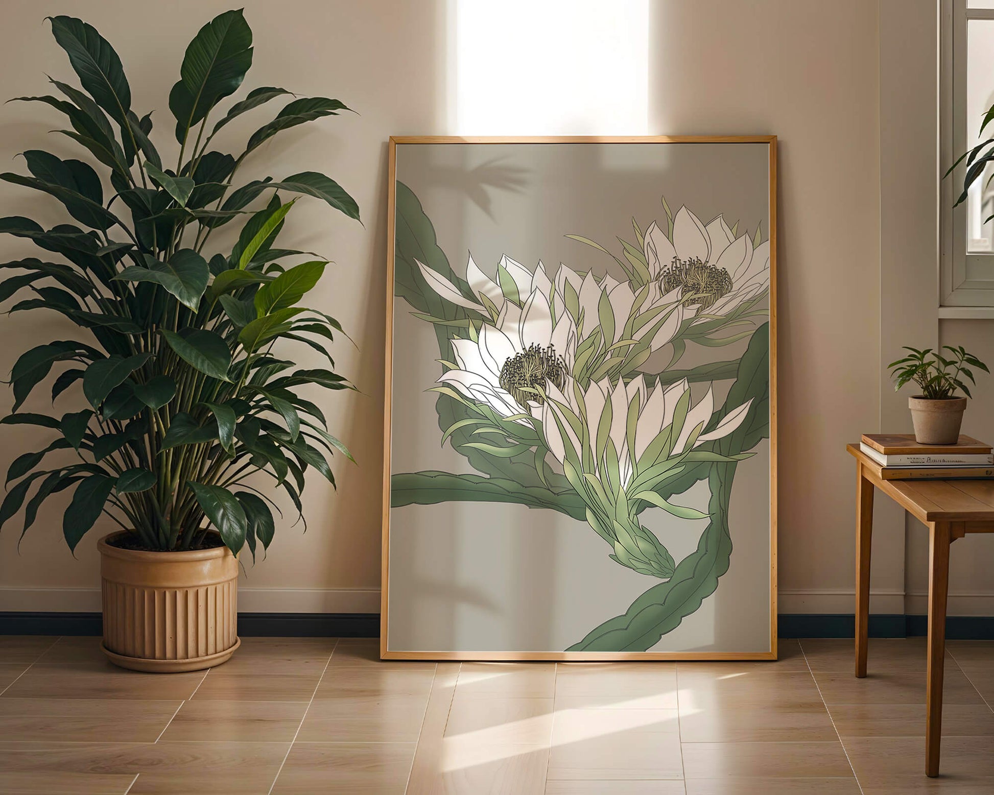Beautiful botanical illustration of white blooming flowers with green leaves