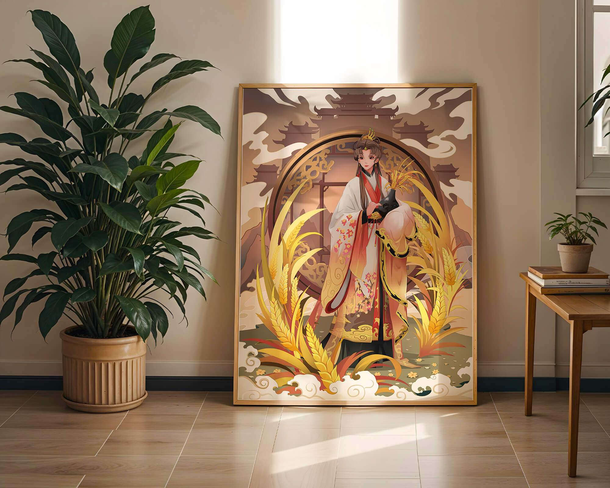 Elegant woman in traditional attire amidst golden wheat field and oriental architecture