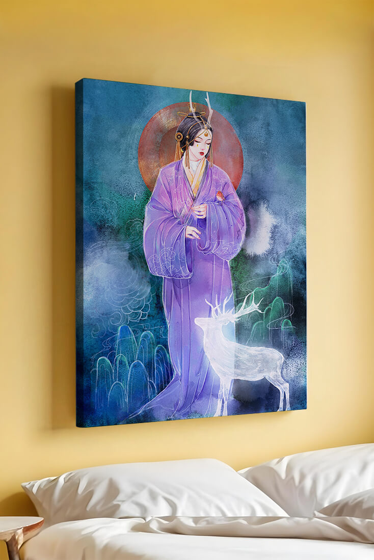 Elegant woman in traditional attire with a mystical deer set against a serene backdrop
