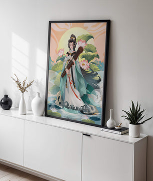 Elegant woman with traditional clothing and musical instrument in serene nature setting