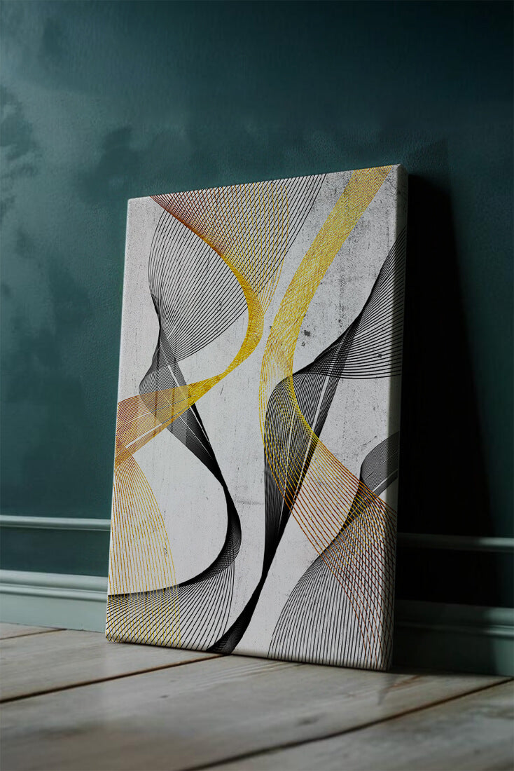 Abstract dynamic lines with golden and black swirls on textured background