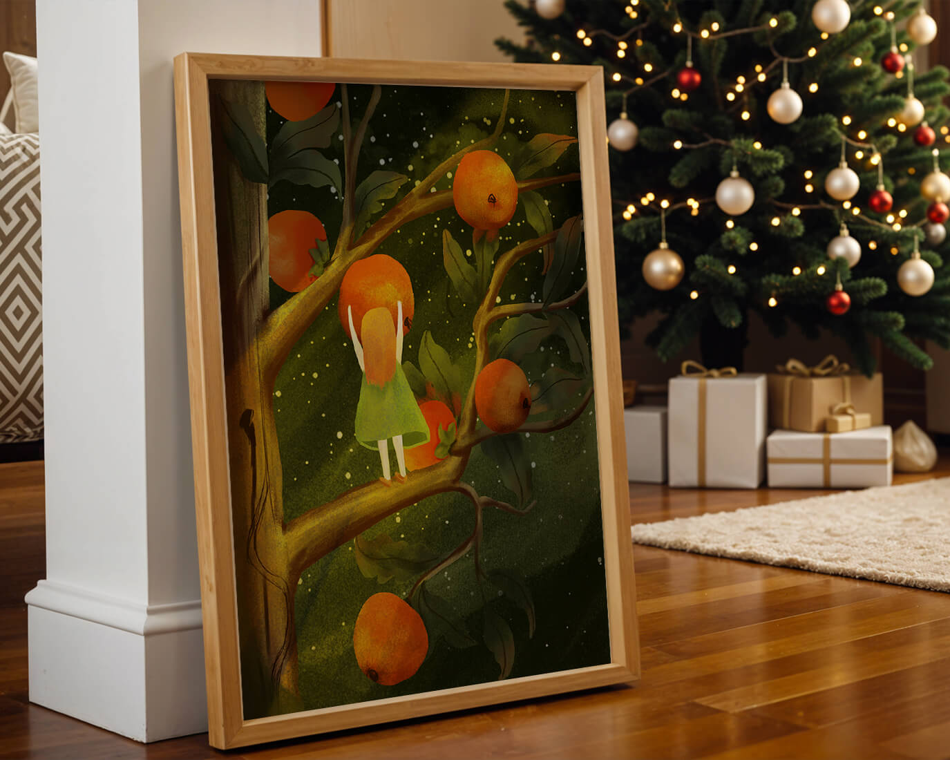 Little Girl Picking Oranges on a Starry Night