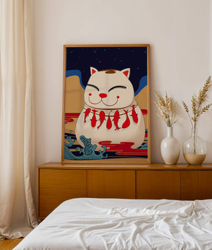 Japanese Lucky Cat with Fish Design in a Surreal Landscape