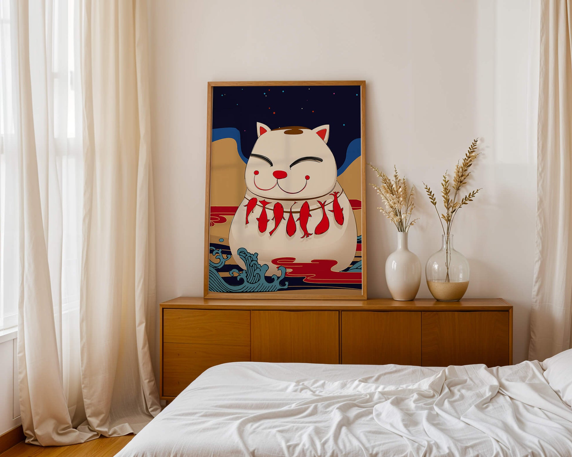 Japanese Lucky Cat with Fish Design in a Surreal Landscape
