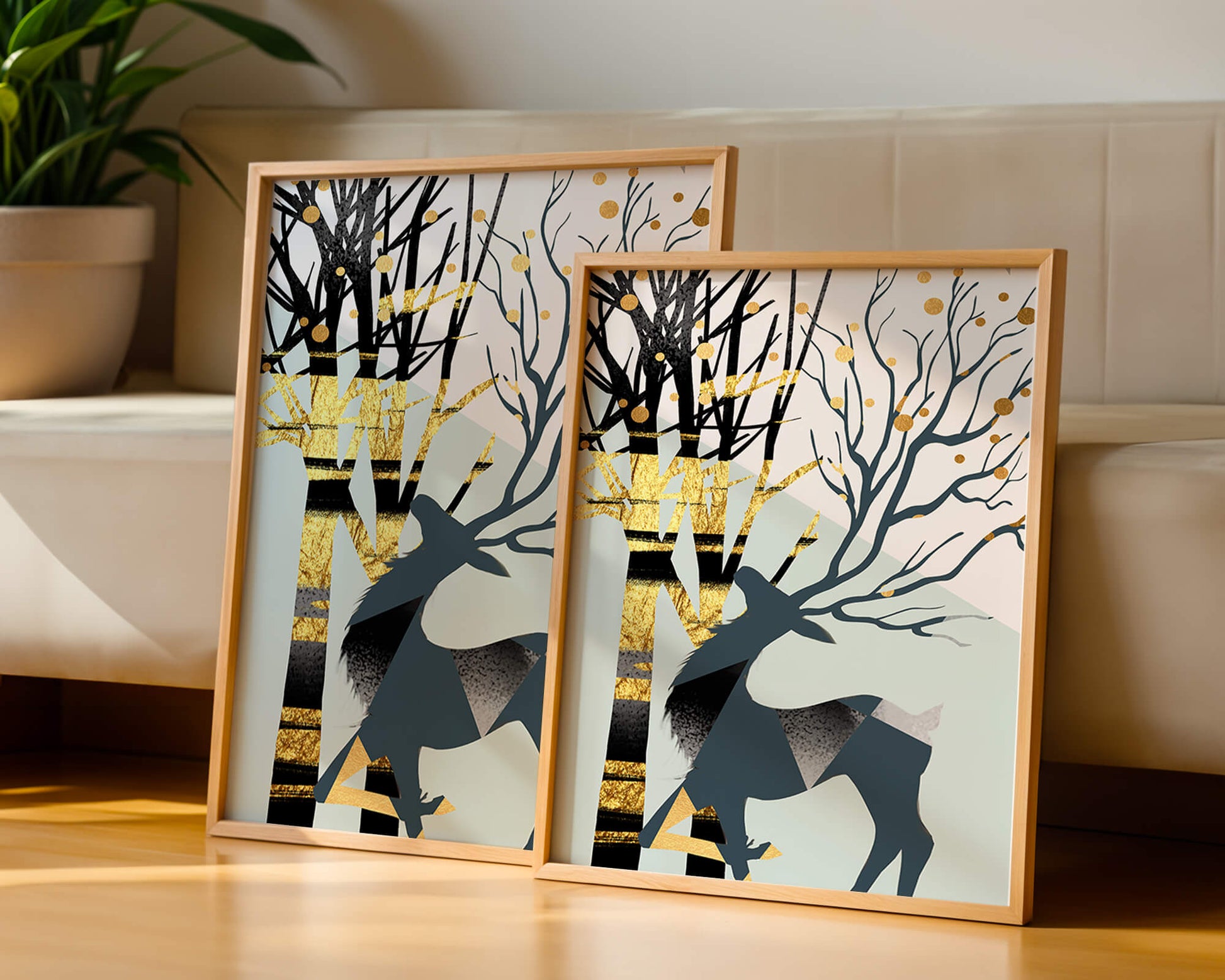 Abstract Deer Silhouette with Golden Accents and Trees