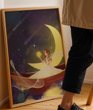 Enchanted night scene with a fairy on a crescent moon