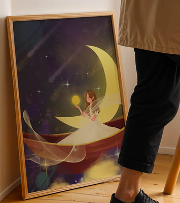 Enchanted night scene with a fairy on a crescent moon