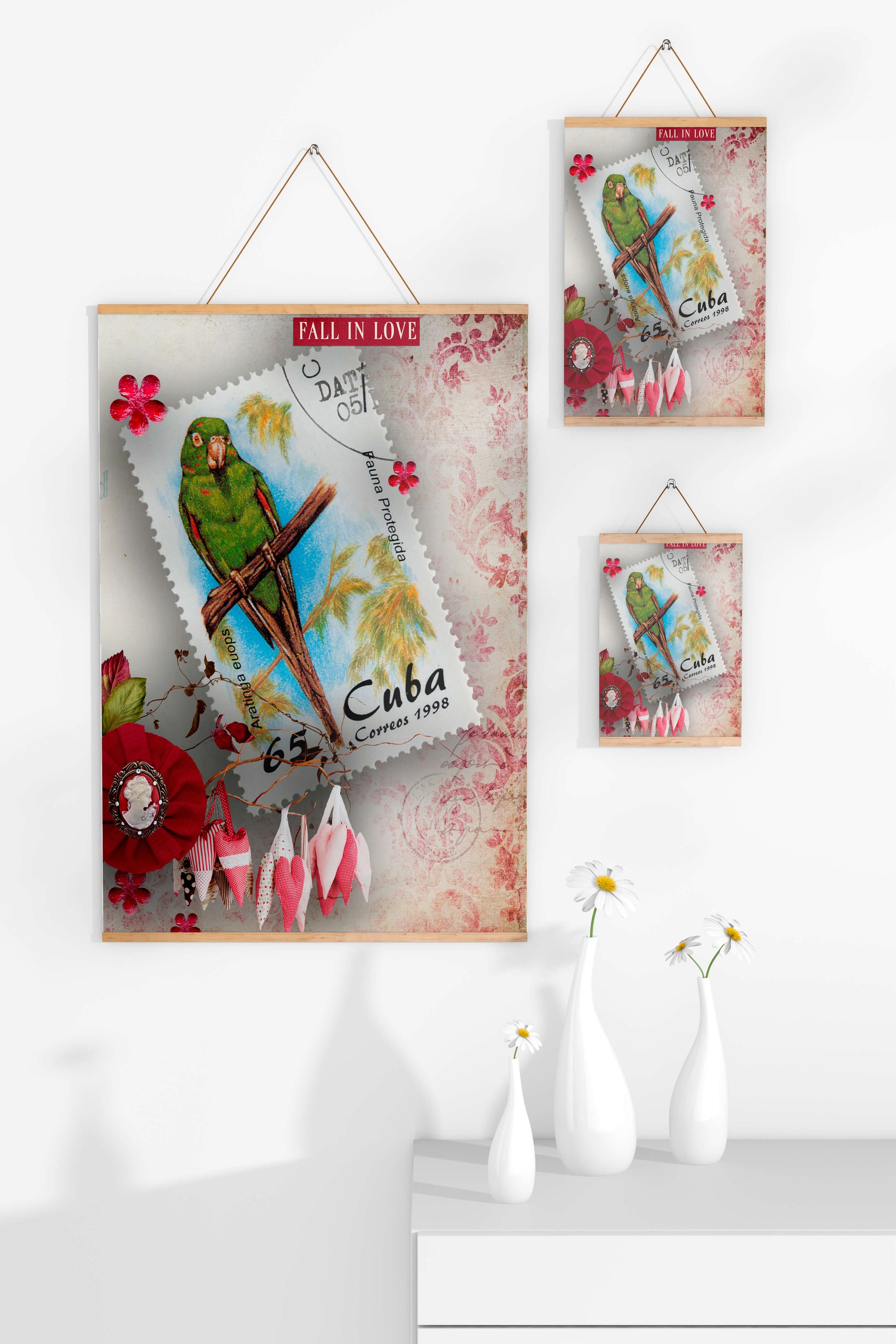 Vintage Cuban parrot stamp with romantic decorations