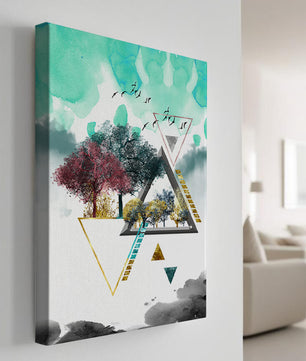 Abstract Geometric Landscape with Vibrant Trees and Birds - Mi tienda