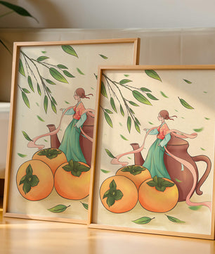 Whimsical scene with a woman in traditional attire among persimmons and leaves