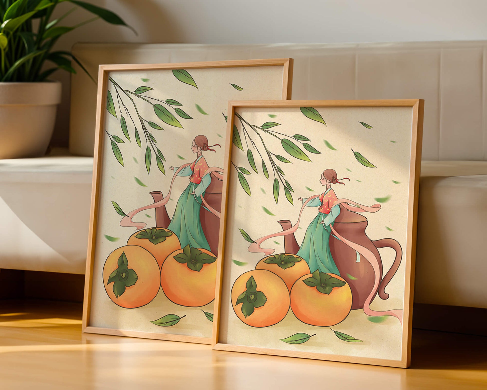 Whimsical scene with a woman in traditional attire among persimmons and leaves