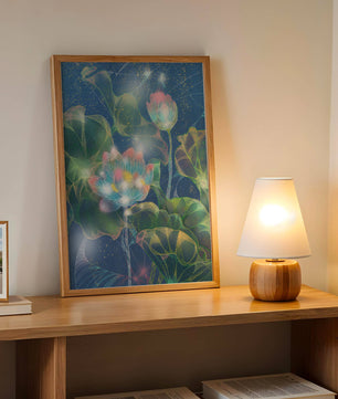 Bunte Lotusblumen mit abstraktem kosmischen Hintergrund