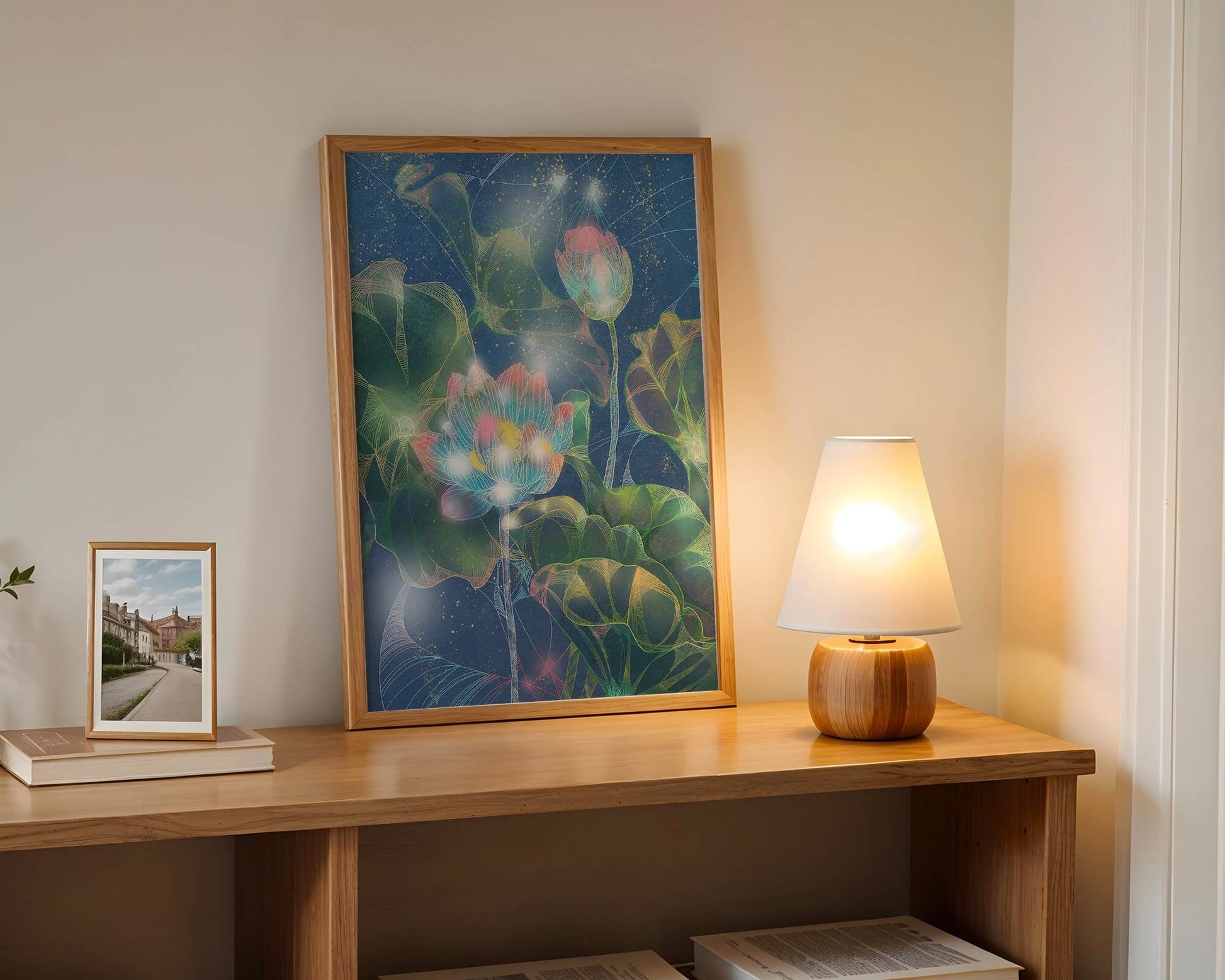 Bunte Lotusblumen mit abstraktem kosmischen Hintergrund