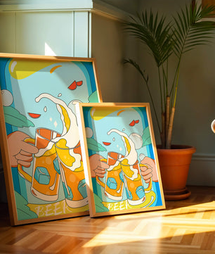 Colorful Illustration of Two Clinking Beer Mugs with Ice Cubes and Citrus Slices