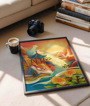 Mystical landscape with cranes and serene mountains