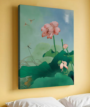 Fleurs de lotus sereines avec des libellules lors d'une journée tranquille