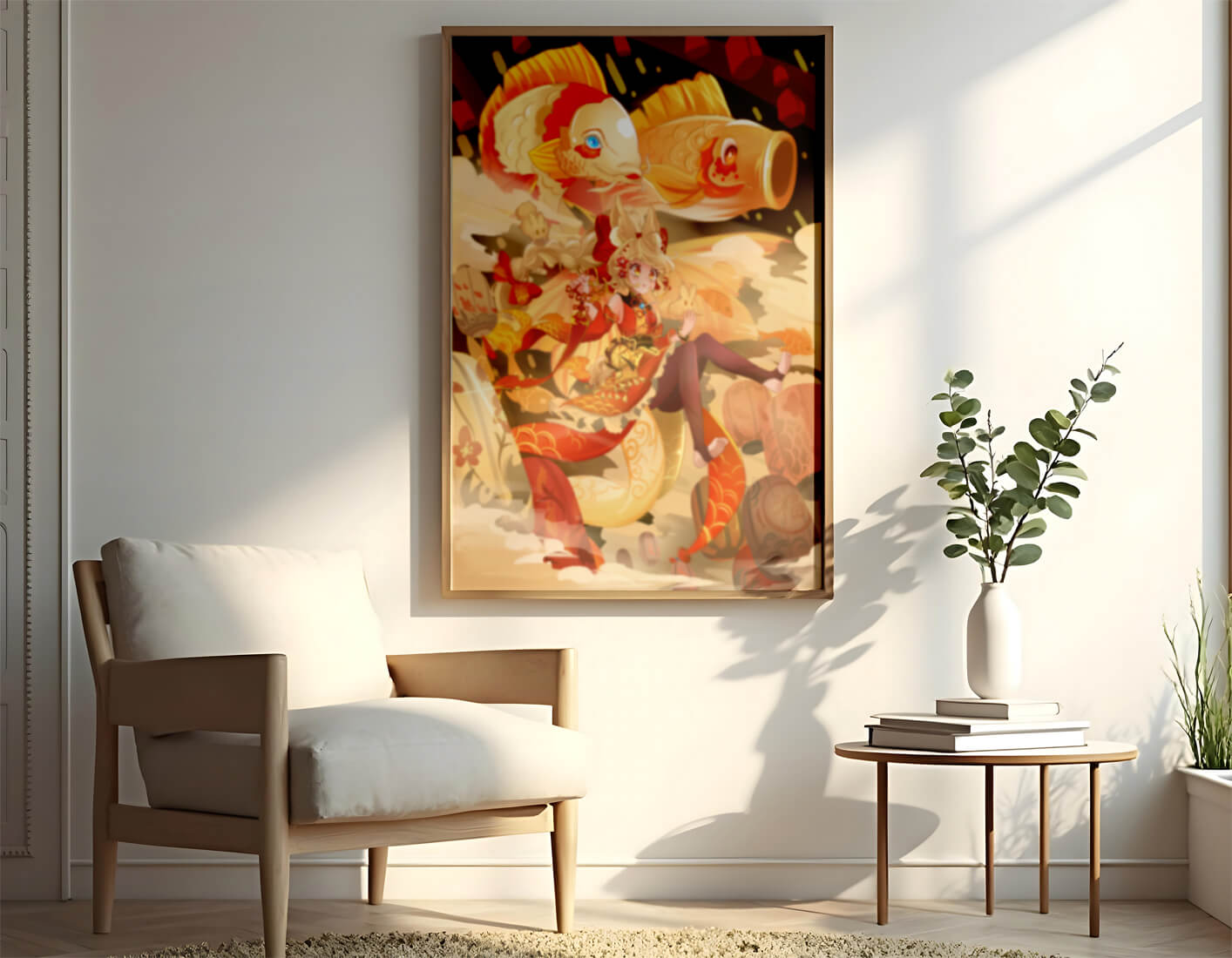 Vibrant anime character with mythical koi fishes and lanterns in dynamic scene
