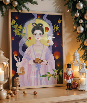 Mid-Autumn Festival Illustration with Moon Goddess and Rabbits