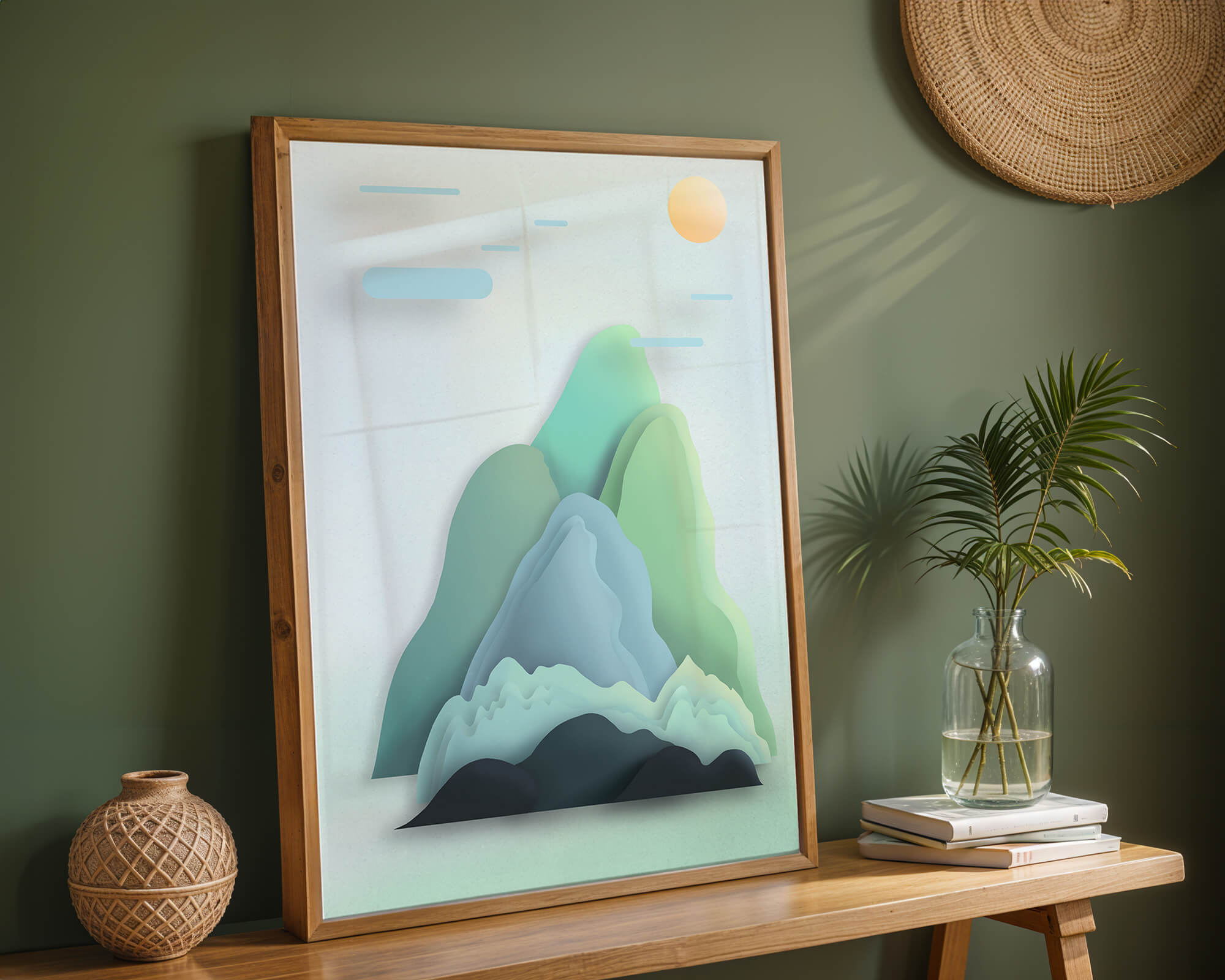 Minimalistic mountain landscape with vibrant colors and abstract layers
