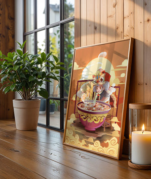 Ilustración de un niño con traje tradicional y un gran tazón de sopa
