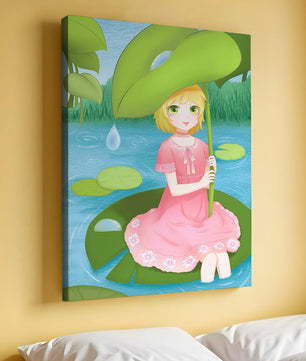 Whimsical Illustration of a Young Girl in a Pink Dress Sitting on a Lily Pad