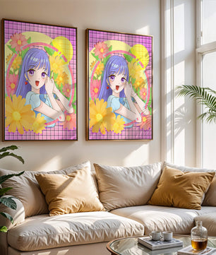Anime-Mädchen mit leuchtenden Blumen und lila Haaren auf buntem Hintergrund