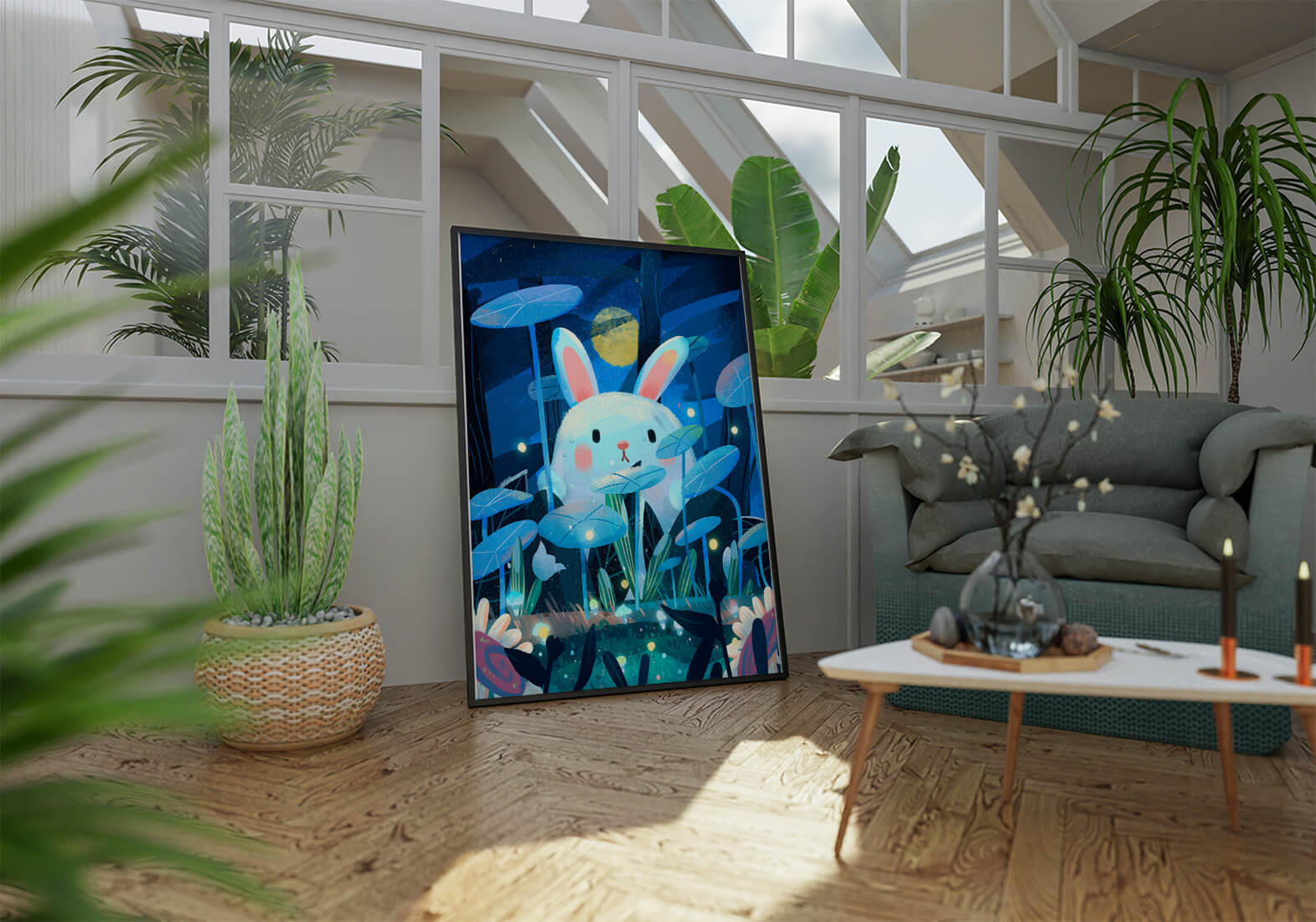 Cute rabbit in a dreamy moonlit forest