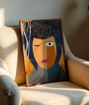 Retrato geométrico abstracto con colores vibrantes y texturas