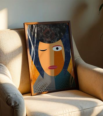 Abstract geometric portrait featuring vibrant colors and textures
