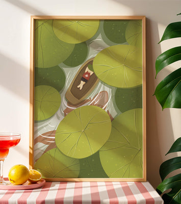 Person in boat among lush green lily pads