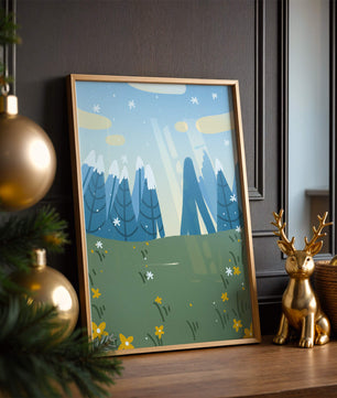 Landschaft mit schneebedeckten Bergen und Blumen im Cartoon-Stil