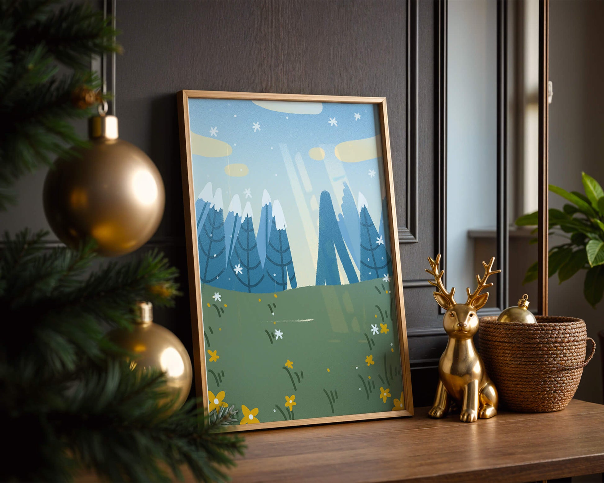 Landschaft mit schneebedeckten Bergen und Blumen im Cartoon-Stil