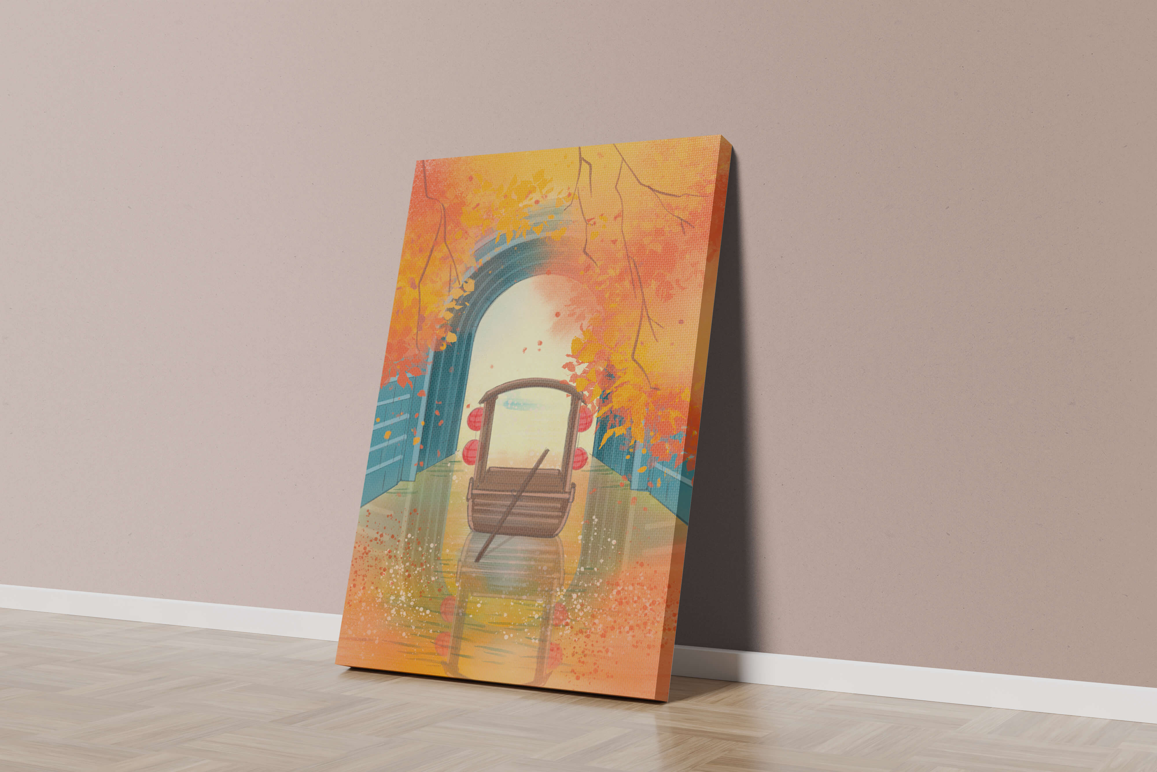 Serene autumn scene with archway and wooden boat